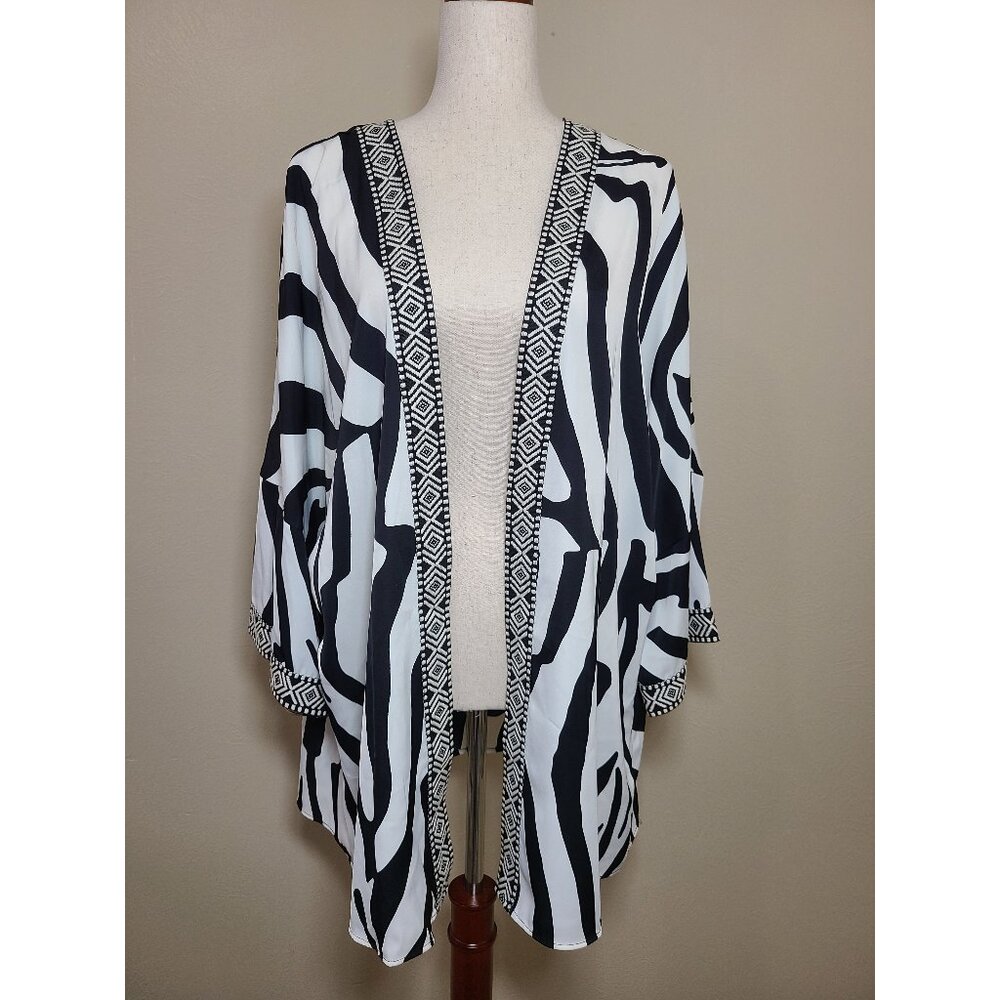 NEW Worthington Womens Top Open Front Kimono Black White Zebra Motif Size XXL